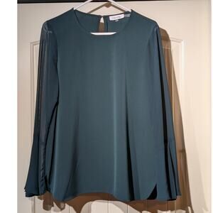 Calvin Klein Dark Green Sheer Bell Sleeve One Button Back Blouse Womens Size M